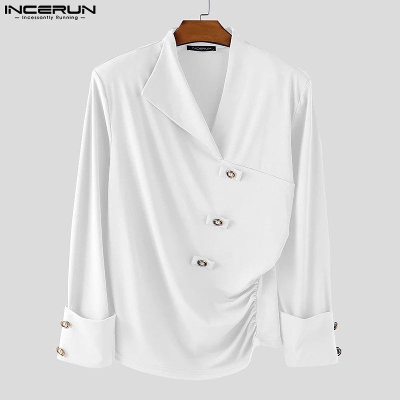 INCERUN Men Irregular Shirt V Neck Long Sleeve Solid Color Men Clothing Loose Pleated Streetwear 2025 Casual Irregular Shirts
