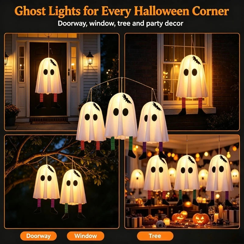 Halloween Glowing White Ghost Hanging Ghosts with Fairy Lights Halloween Outdoor Decoration 50cm Halloween Party Decoration