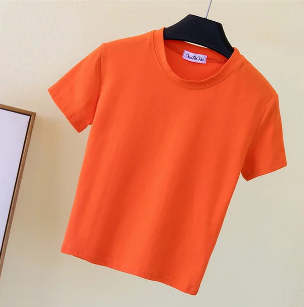 2023 Summer Crop Tops Women T-Shirt Casual Turtleneck Tee Shirt Woman Solid Cotton T Shirt Short Sleeve Top Tees Slim T-shirt