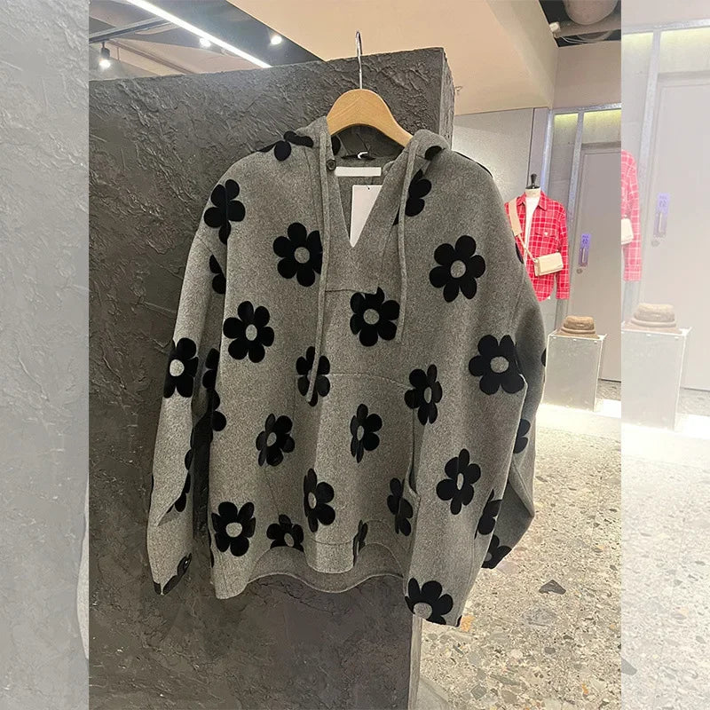 Grey high-grade printed loose hooded sweater for women in autumn and winter Joker new V-neck design temperament casual top