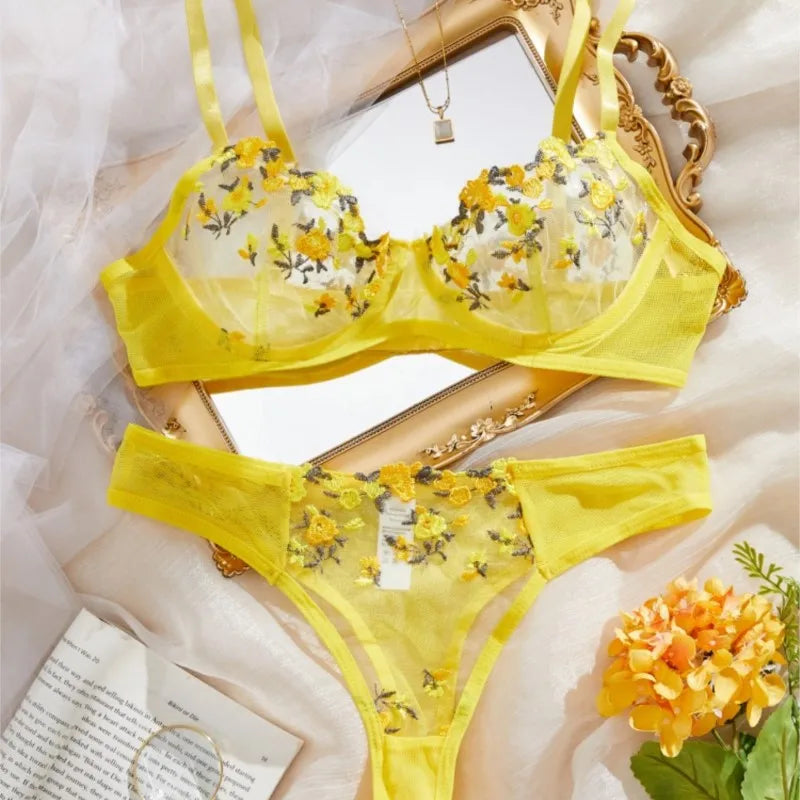 Valentine's Day Lingerie Ultra Sexy Yellow Flower Embroidery Sheer Bra And Panty Set Thin Cup Women's Bikini 2 Piece Underwear