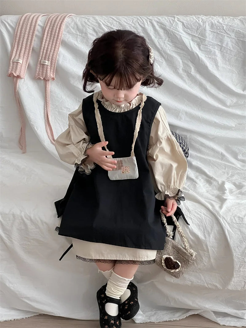4768 Children Dress Set Spring Autumn New Retro Girl's Dress Lace Skirt 2-piece Set
