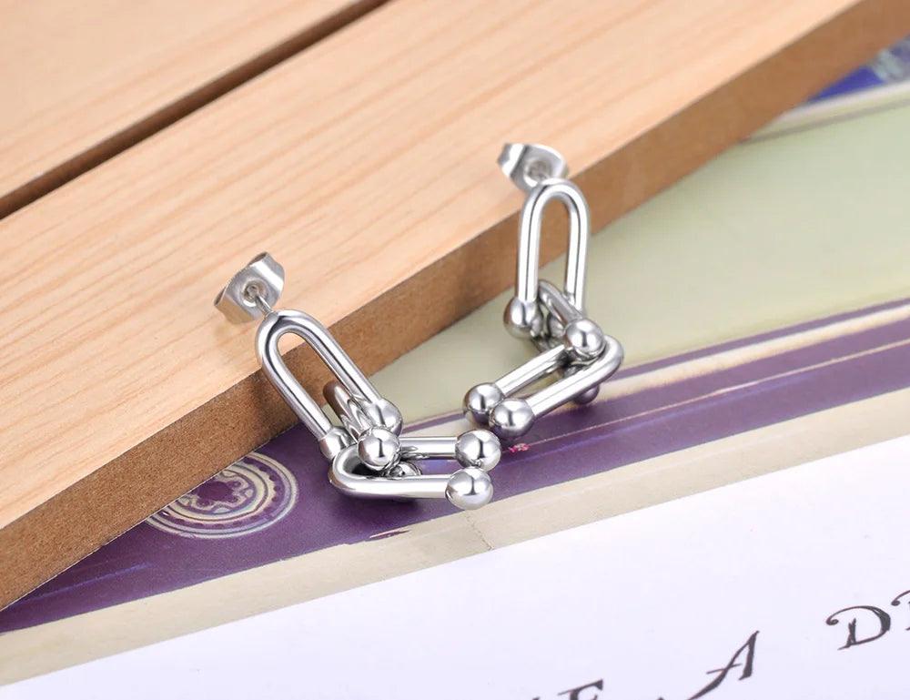 JeeMango 316L Stainless Steel Unique Zircon Horseshoe Earrings for Women Gold Plated U Shape Hoop for Wedding Jewelry Party Gift