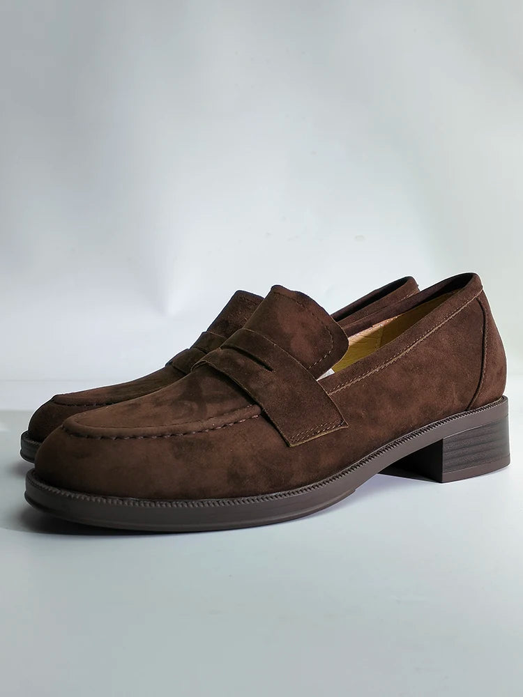 2025 NEW Trend Women Loafers Natural Suede Spring Autumn Ladies Low Block Heels Elegant Round Toe Black Brown Splicing Loafers