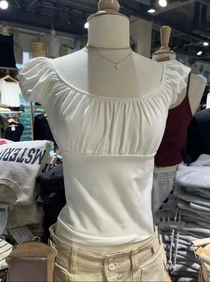Cute Sle Brandy BM White Pleated ort Sve round Ne T-irt Women's Slim Fit Body ape Summer Trend Cotton Top