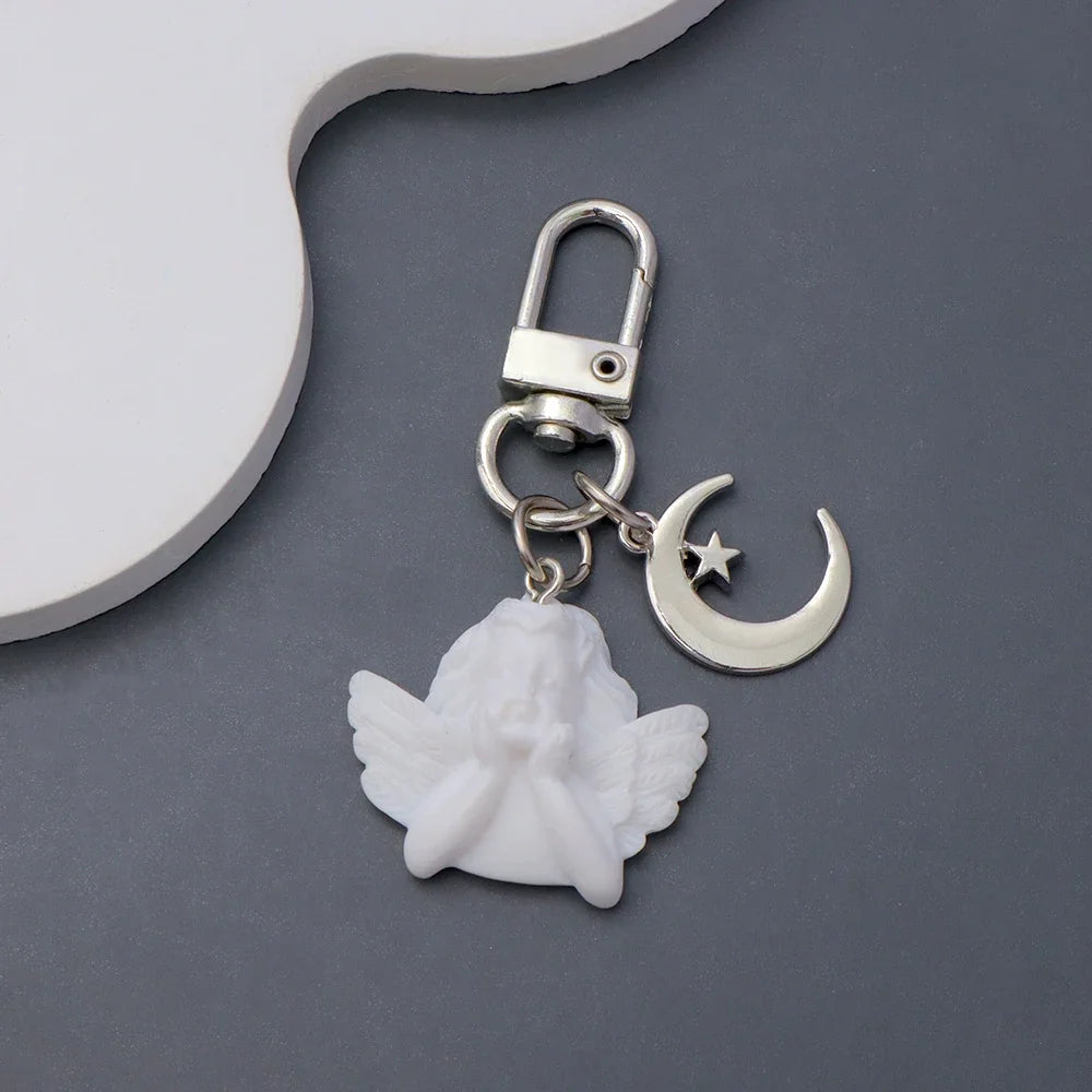 Creative Vintage White Angel Keychain For Women Girl Cute Star Moon Key Chain Car Key Ring Holder Trinket Bag Charms Jewelry