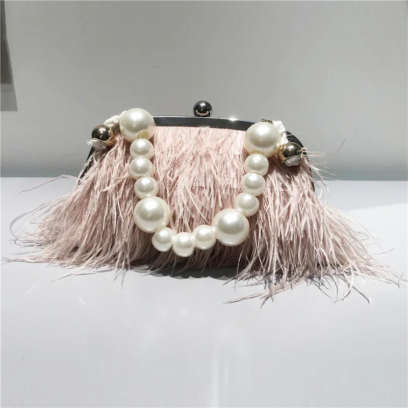 Luxury brand Handle Bag 2025 Fashion  Female Wallet Retro Lux Shoulder Bag New Temperament Feathers Pearl Chain Crossbody Clutch