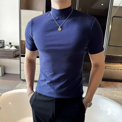 Spring Summer Men's Half High Neck Short Sleeve T-shirt Korean Slim Fit Solid Color Bottom Shirt Casual Cotton Elastic T-shirts