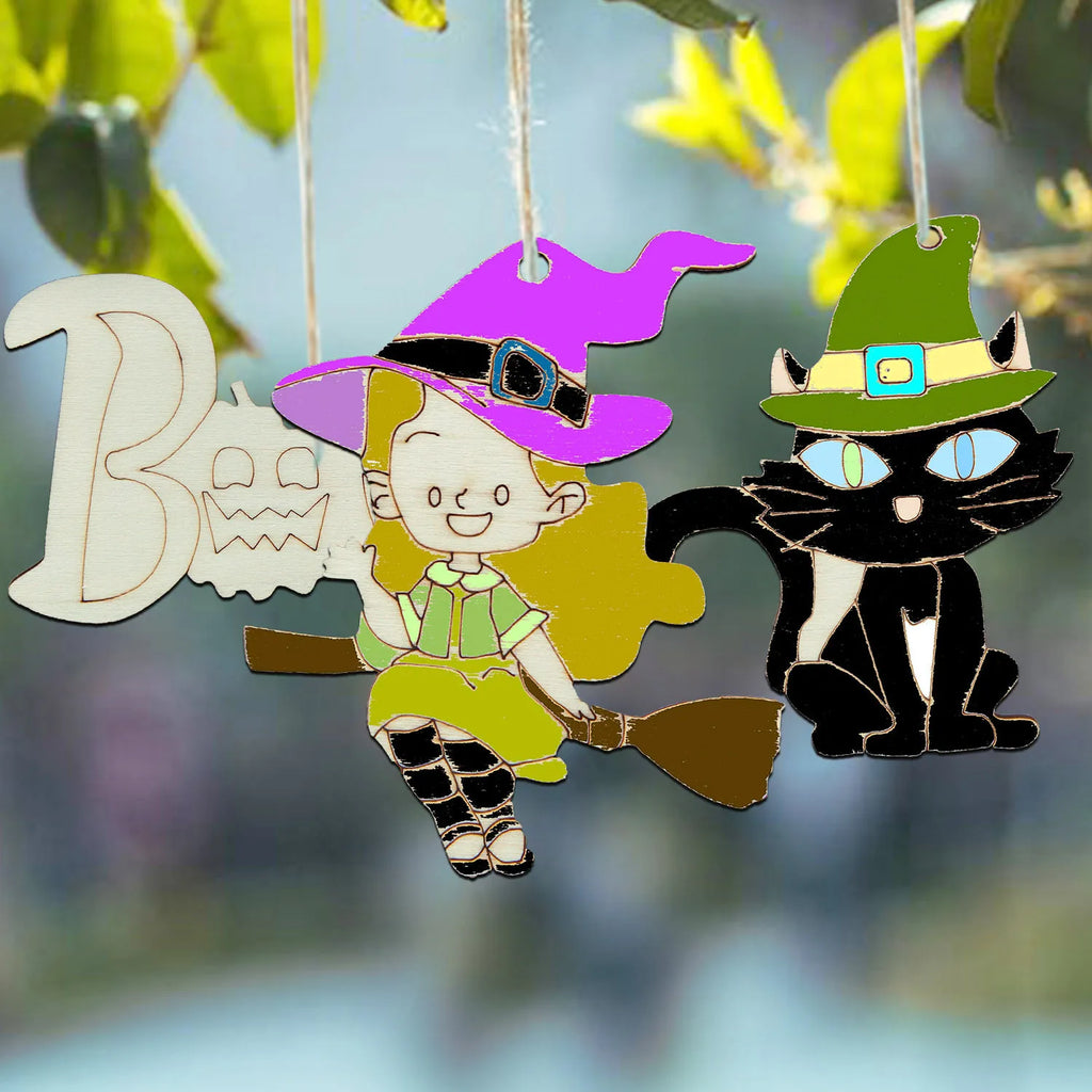 12pcs Wooden Halloween Unpainted Hanging Crafts Cartoon Witch/Cat Ornament for Halloween Decoration DIY Painting Gifts Supply