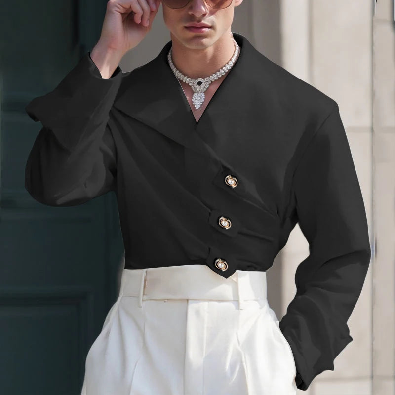 INCERUN Men Irregular Shirt V Neck Long Sleeve Solid Color Men Clothing Loose Pleated Streetwear 2025 Casual Irregular Shirts