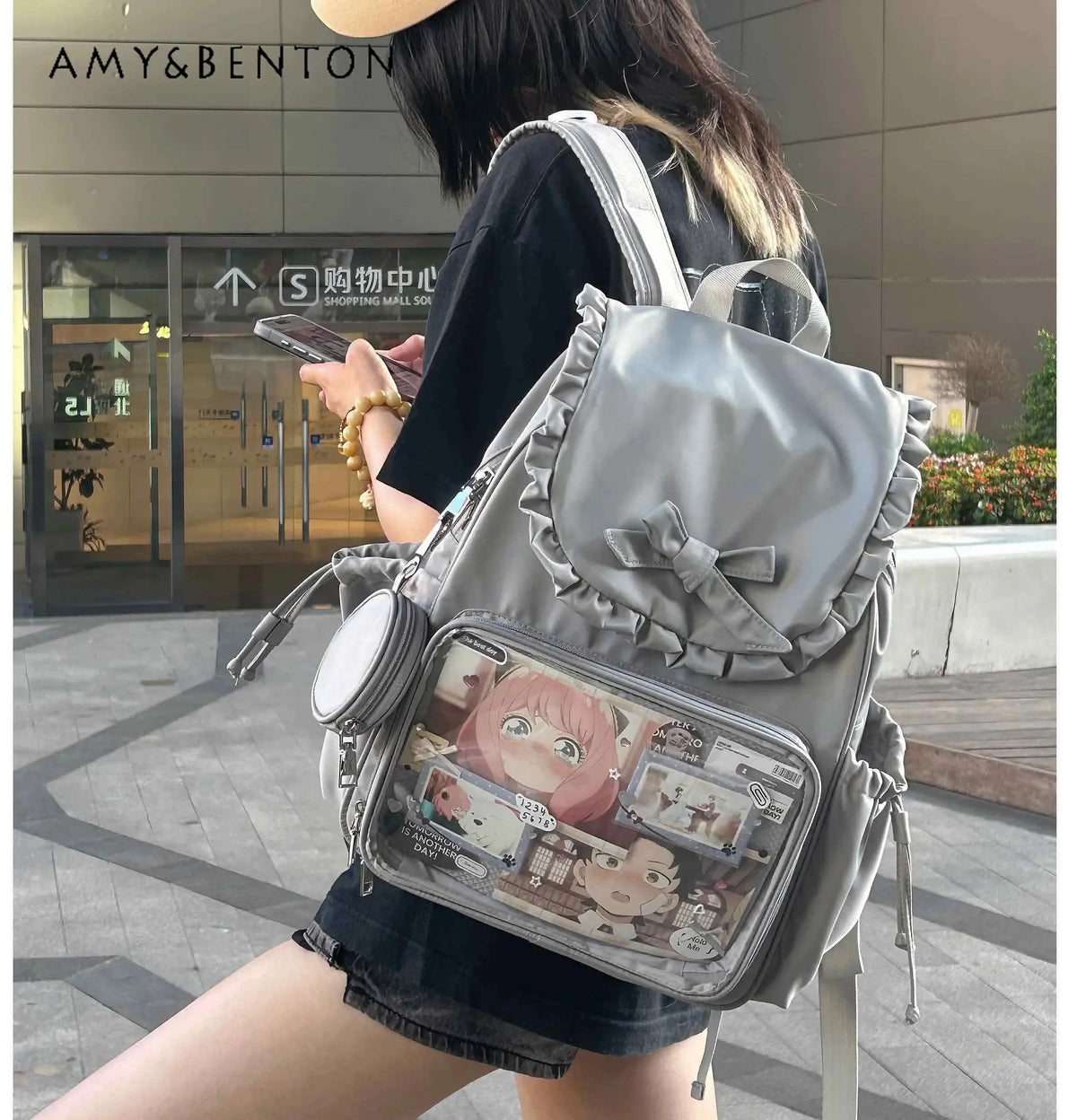 Original Two-dimensional Cute Transparent Large-capacity Backpack Women Sweet Bow Rabbit Ears Bags Preppy Style Kawaii Backpacks