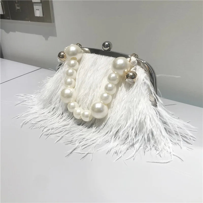 Luxury brand Handle Bag 2025 Fashion  Female Wallet Retro Lux Shoulder Bag New Temperament Feathers Pearl Chain Crossbody Clutch