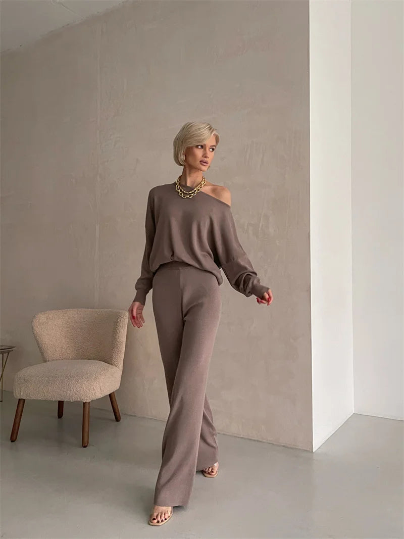 Elegant Winter Knit Pants Set Woman Sexy Loungewear 2 Piece Sweater Matching Sets Women Casual Knitted Two Piece Sets Women 2024