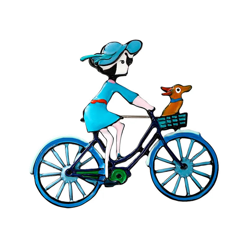 Lindos broches de bicicleta de dibujos animados para mujeres, niñas pequeñas montando en bicicleta, broches de 2 colores, moda casual, alfileres para ropa, mochila, joyería, regalos
