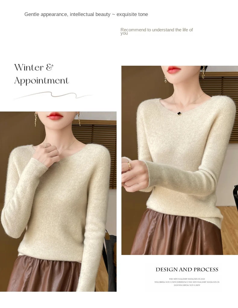 Early Fall New Crew-Neck Sweater Elegant High Elastic Simple Solid Color Thin Knit Crew-Neck Sweater Long Sleeve-GH458
