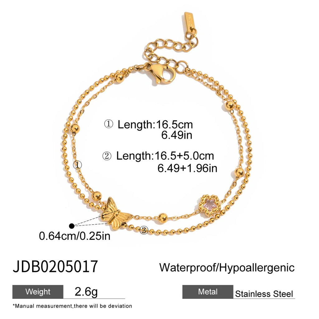 Zora Minimalist Girl's Bow Heart Rhinestones Double-layer Thin Bracelet 18K Gold-plated Stainless Steel Daily Stacking Jewelry