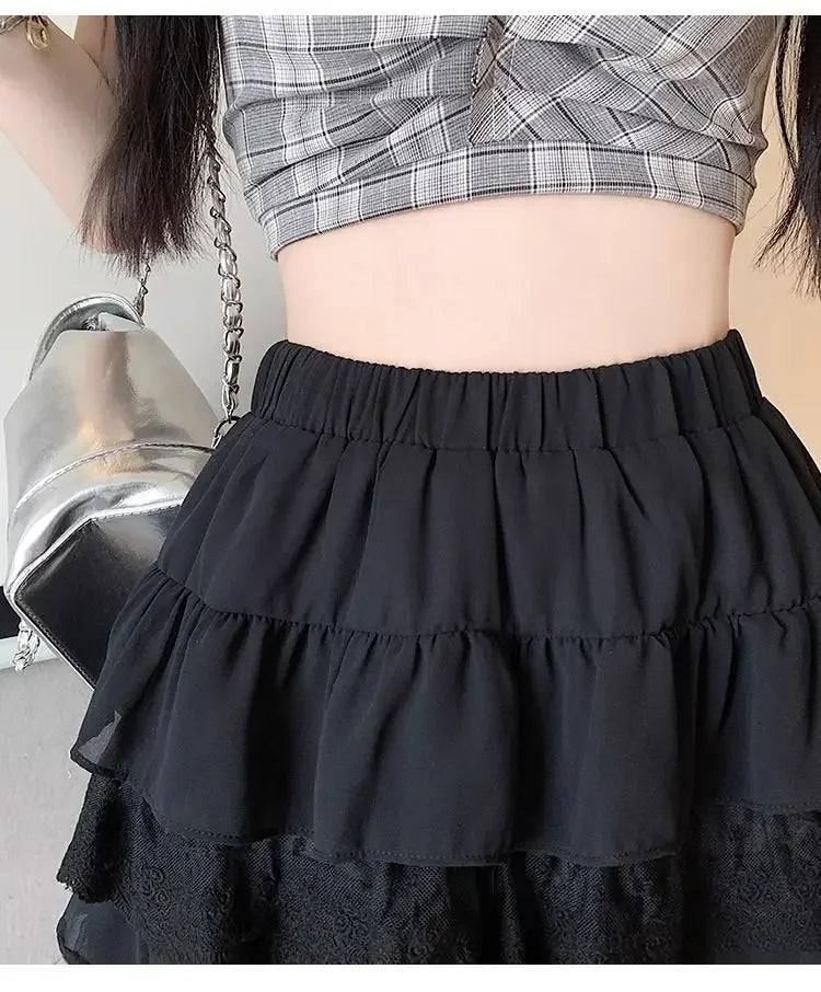 JOEVILU White Tutu Skirt A-line Elastic High Waist Mini Skirts Short Lace Cake Skirt Thin Summer Korean Fashion Goth Y2k Clothes