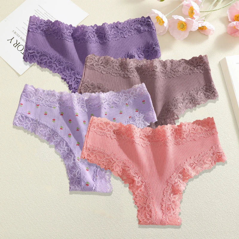4Pc S-XL Women's Cotton Sexy Lace Brazilian Pants Seamless Low Waist Printing Breathable Underwear Ladies Lace Patchwork Panties