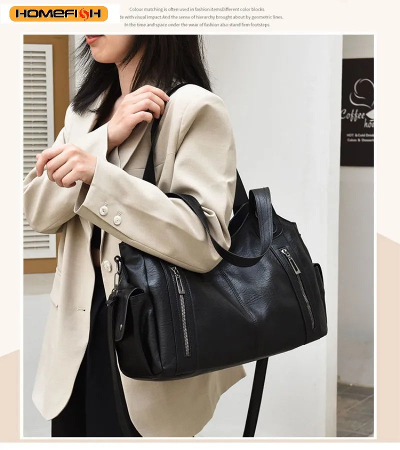 HOMEFISH Soft Interior Compartment Shoulder Bags High Quality Contrasting Colors Bags for Women Fashion Zipper Pu Handbags