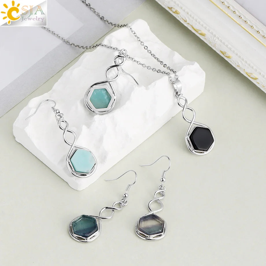CSJA Natural Stone Earring Necklace Jewelry Set for Women Hexagon Crystal Pendant Stainless Steel Chain Jewelry Accessories H577