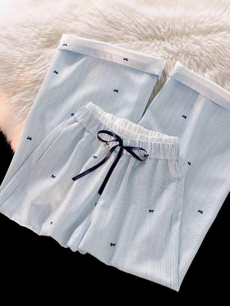 Zoki Sweet Bow Striped Pants Women High Waist Korean Casual Wide Leg Trousers Elegant Fashion Loose Cute Female Spring Pants New