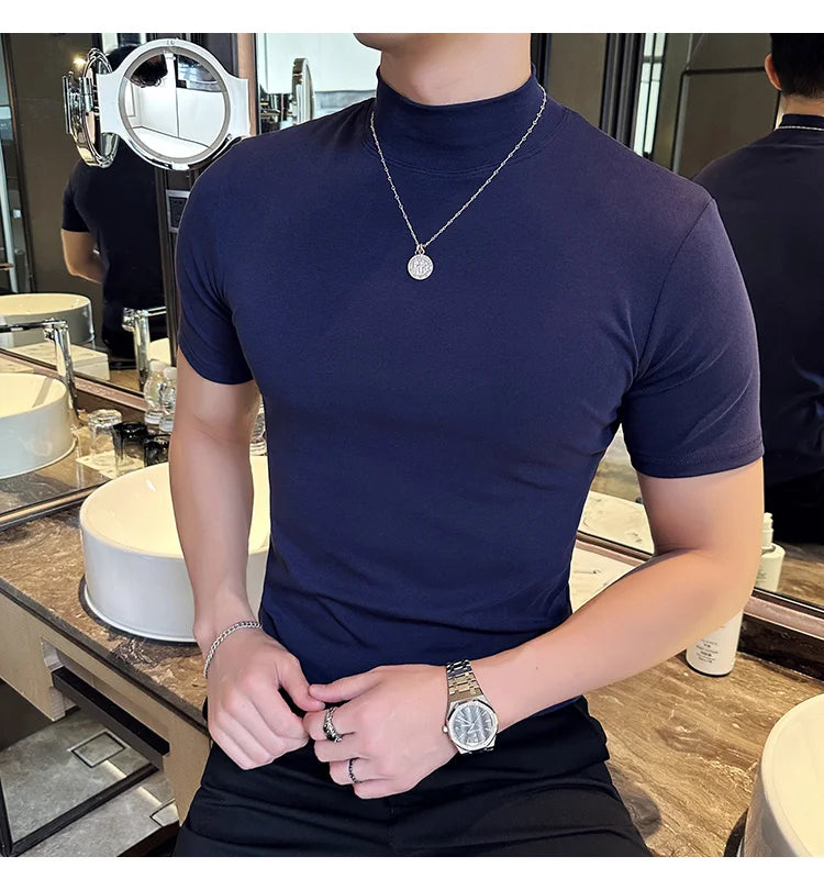 Spring Summer Men's Half High Neck Short Sleeve T-shirt Korean Slim Fit Solid Color Bottom Shirt Casual Cotton Elastic T-shirts