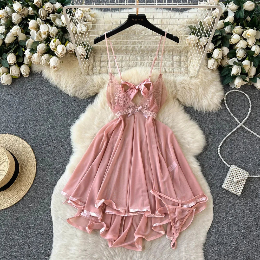 Sexy Cute Sweet Lace Backless Jumpsuit Women Slim Fit Bodysuit Girl Strap Bow knot Cosplay Hot Sweet Bow Ribbon Lingerie Dress