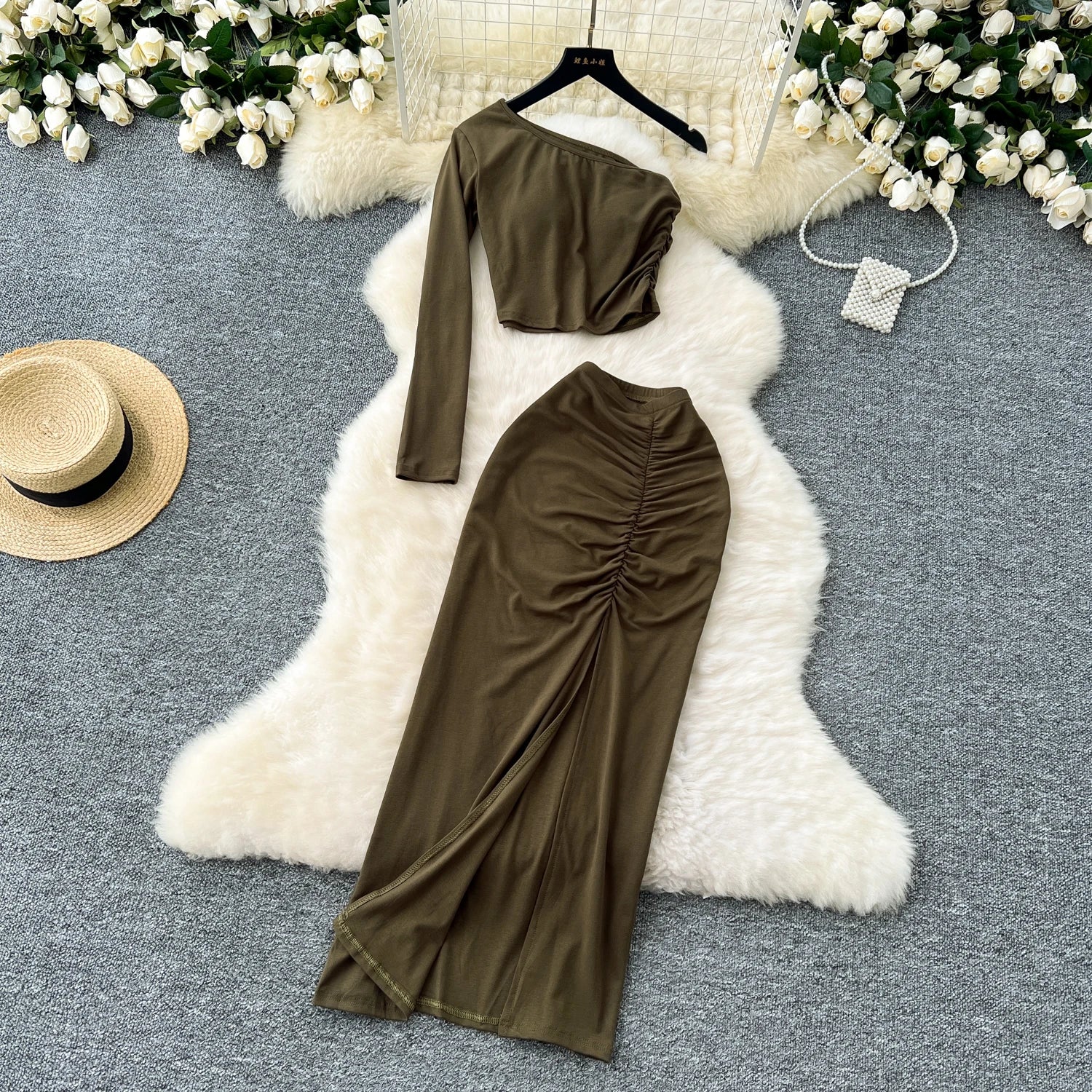 Chic Two-piece Sets One Shoulder Long Sleeve Diagonal Collar Blouse Basics High Waist Split Skirt High Street Vintage Clothing