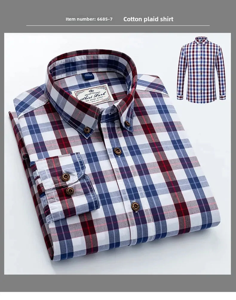 Neue Herren-Langarmhemd aus reiner Baumwolle im Karomuster Frühling Ganzbaumwoll-Freizeithemd Koreanischer Stil Schlank machend Glättet Ihre Silhouette Bügelfrei