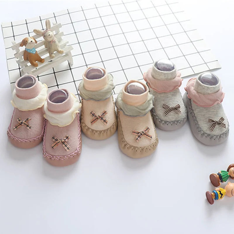 Baby Walking Socks Soft Sole Shoes 0-2Year Newborn Early Education Adhesive Anti Slip Floor Sock Cute Bow Shoe Kids Footwear