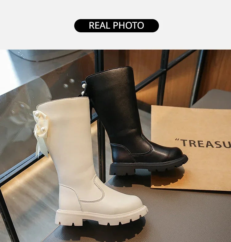 Knee Length Boots Children Shoes New 2024 Autumn Winter Fashion High Top Student Shoes Girls Princess Shoes with Bow Kids Boots