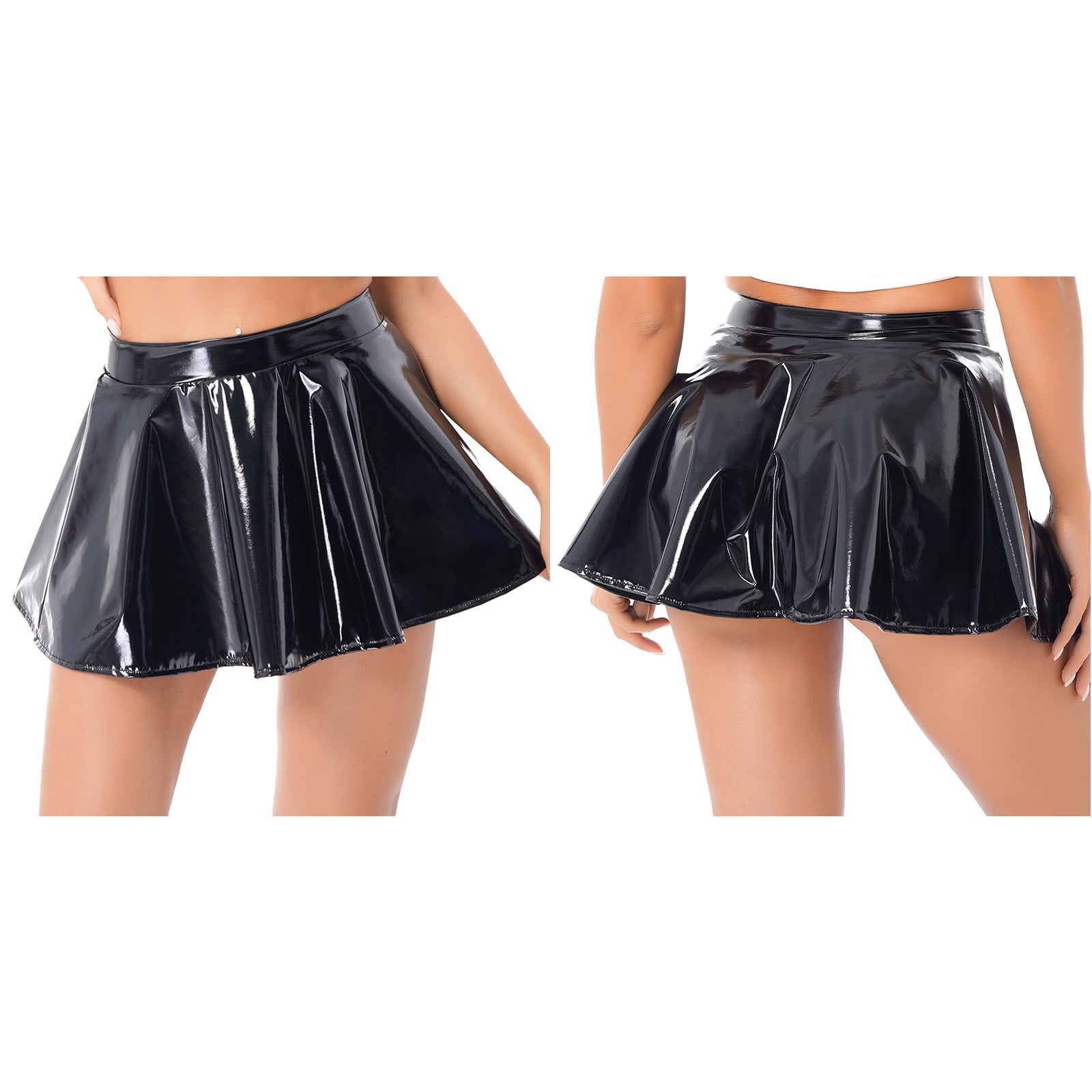 Sexy Damen Wetlook PVC Leder Rüschenröcke Party Low Waist Eingebaute Strings Minirock mit Strumpfhalter Metallclips Set Club