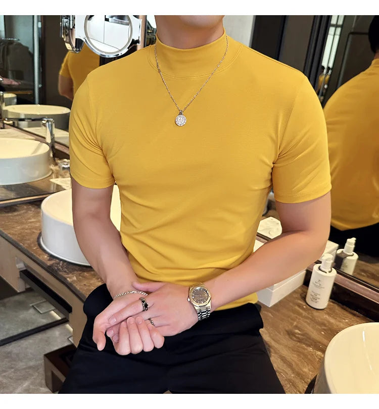 Spring Summer Men's Half High Neck Short Sleeve T-shirt Korean Slim Fit Solid Color Bottom Shirt Casual Cotton Elastic T-shirts