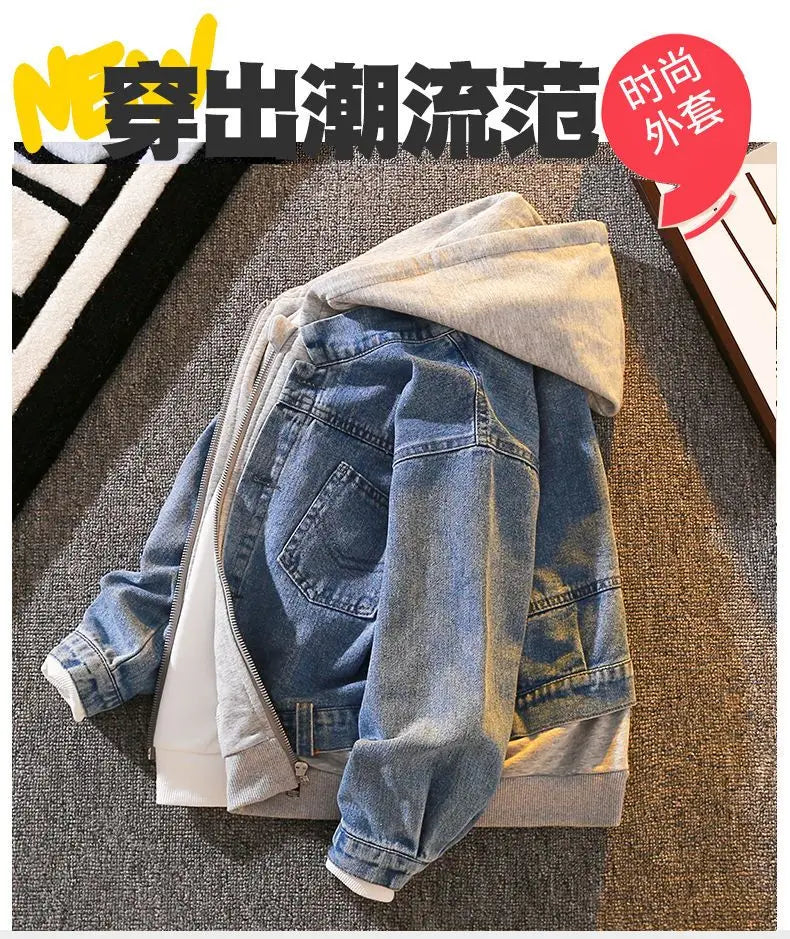 Teenage Boys Denim Jacket Spring and Autumn New Children's hooded casual Korean version jacket