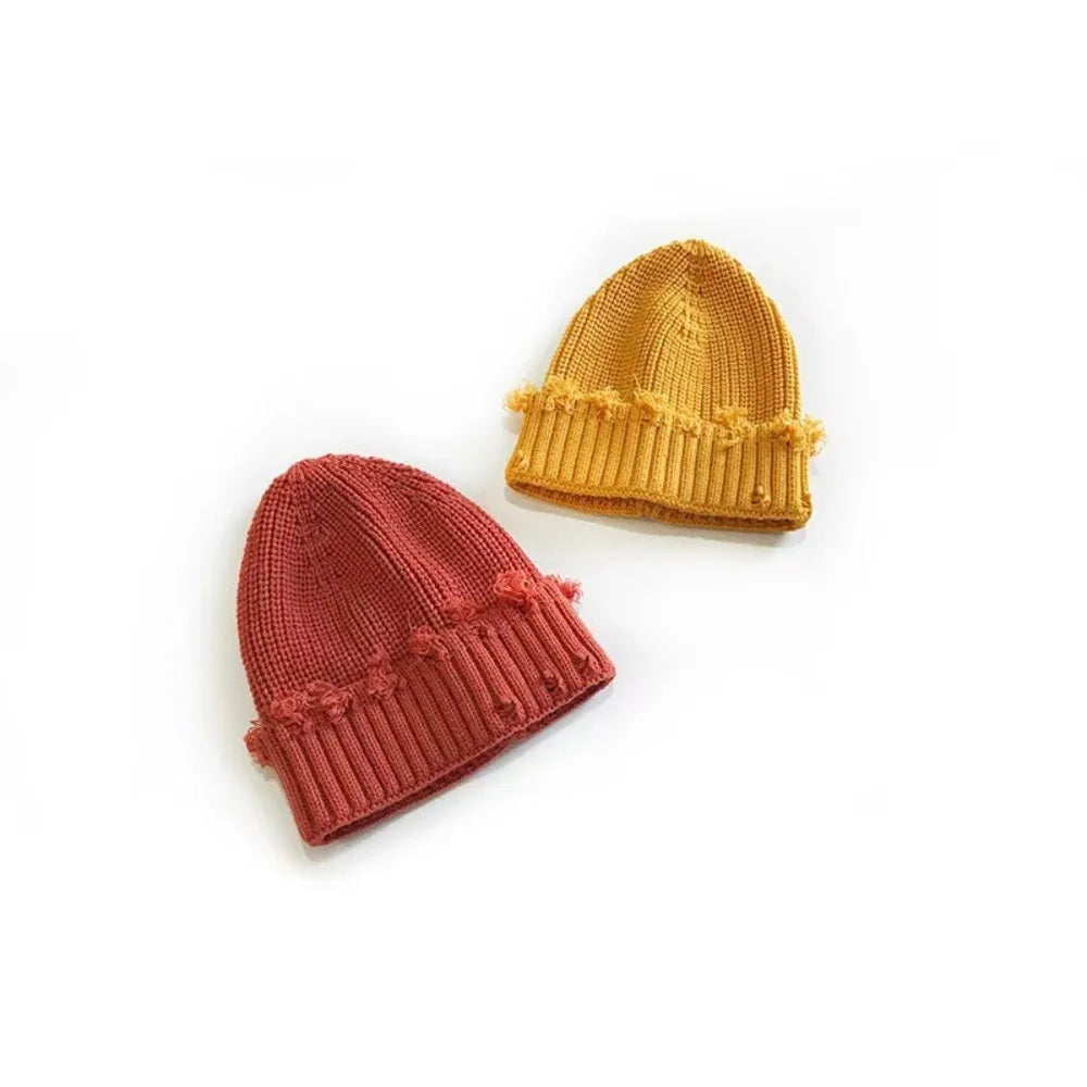 Solid Color Dilapidated Hole Knitted Hat Thickened Ear Protection Warm Cap Beanie Cap Hip-Hop Hat Unisex Pompoms Hat