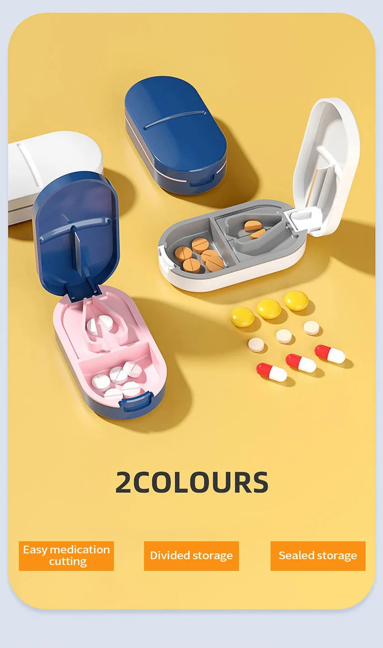 Portable Pill Splitter -2-in-1 Pill Box with Stainless Steel Blade - Suitable for Vitamin Tablets - Cutting Pills 1/2, 1/4 with