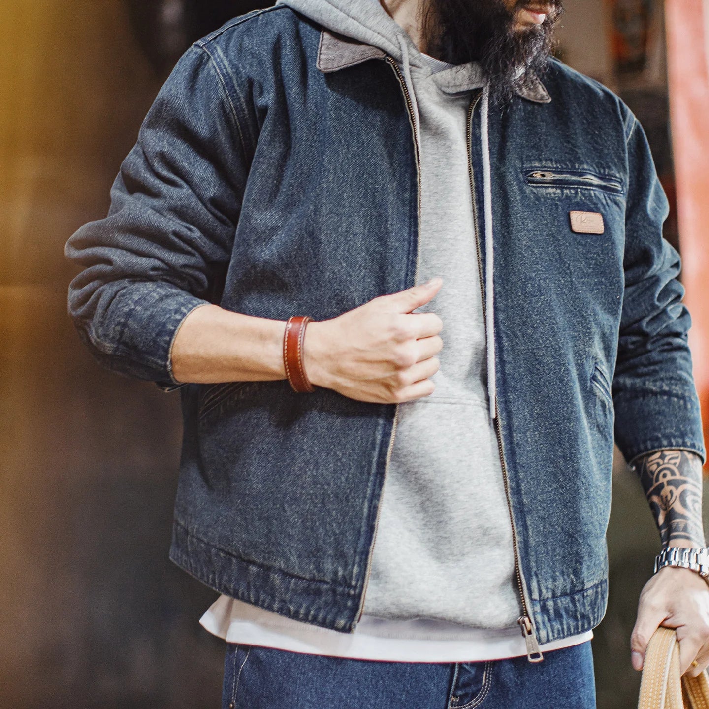 Maden Men's Vintage 10.5oz Detroit Denim Jacket Short Heavyweight Safari Coat Casual Lapel Collar Outerwear for Spring and Fall