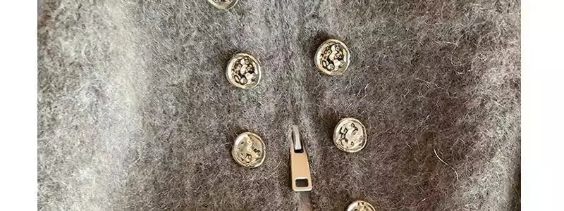 Grey Vintage Sweater Cardigans For Women Autumn New High Collar Double Breasted Knitted Coats Simple Elegant Female Knitwear Top