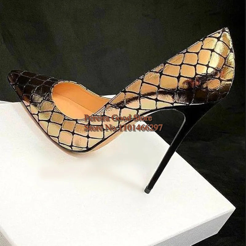 Luxury Gold Snake Printed Leather Stiletto High Heels Pumps Metallic Pointed Toe Slip On Shallow Women Banquet Footwear
