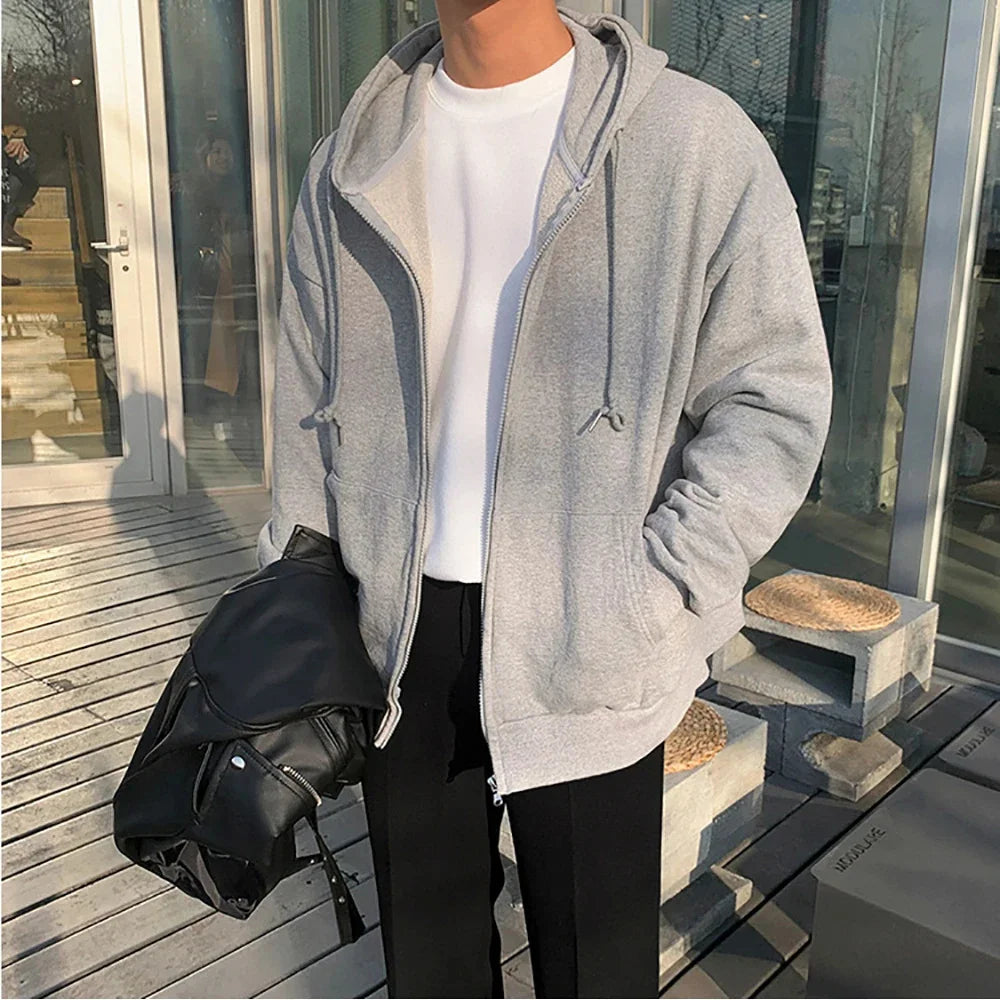 High Street Hoodie Herren einfarbig Reißverschluss Langarm lockere Jacke Mäntel lässiger Kapuzenpullover Y2K Mode Outdoor-Kleidung