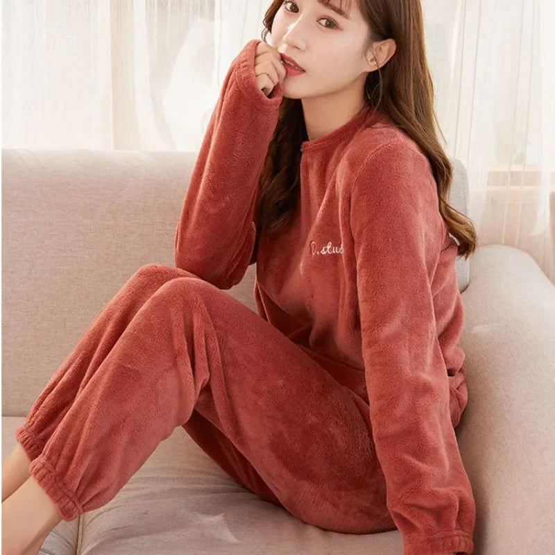 Womens Coral Velvet Pajama Set Thick Warm Autumn Winter Maternity Sleepwear Soft Loungewear Homewear Gift for New Moms
