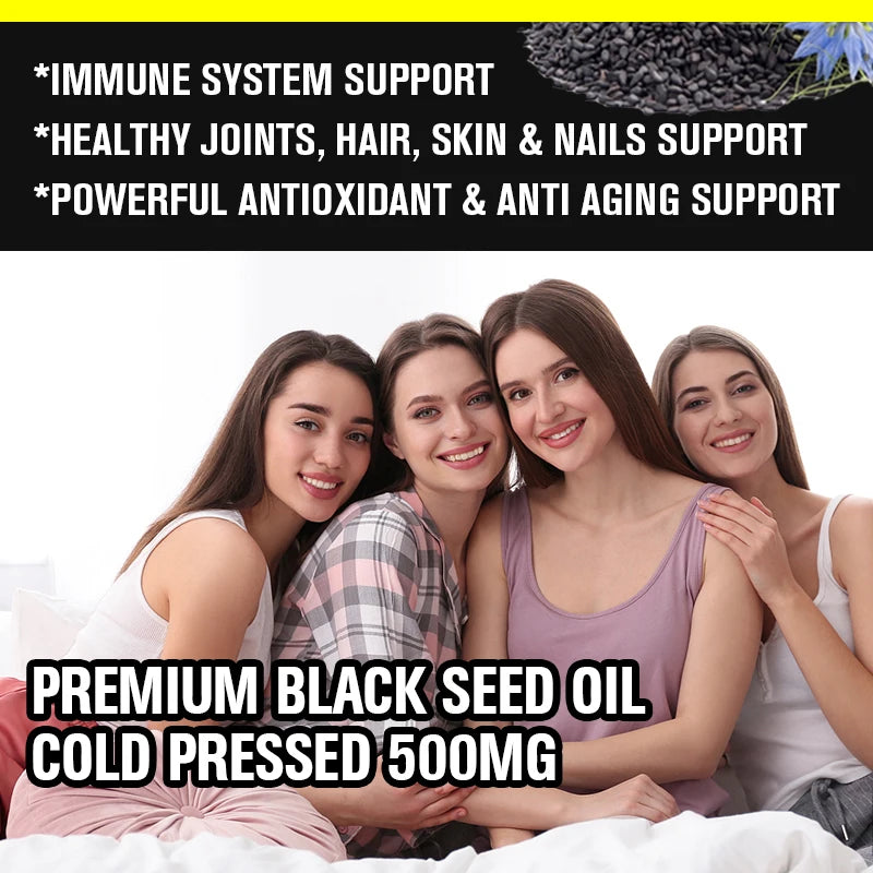 Black Seed Oil Capsules - 500mg, Black Cumin Seed Oil Supplement for Immune Function, Digestive Support, Hair & Skin Health