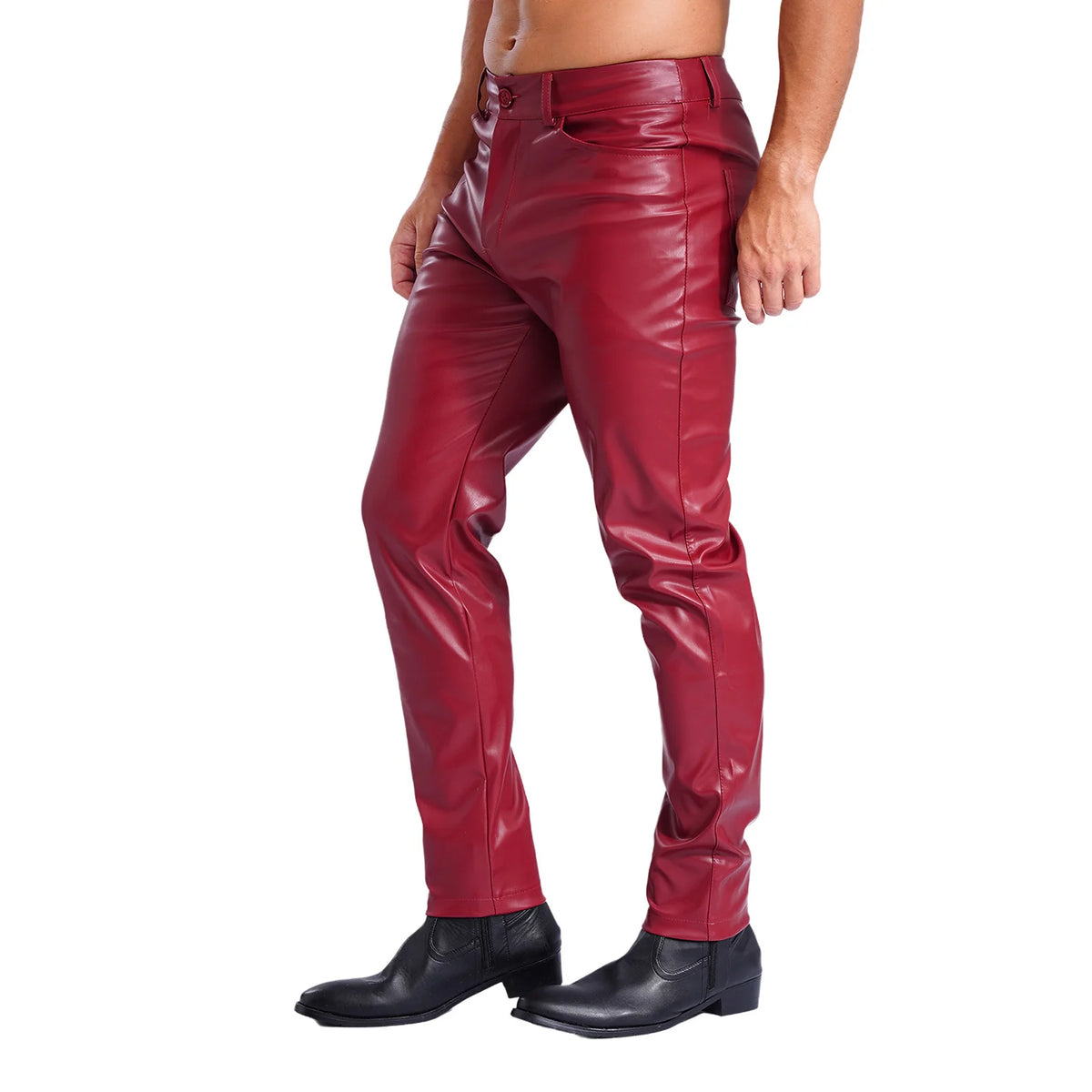 Mens Stylish Faux Leather Pants Pockets Halloween Costume Smooth Lining Straight Pants Tights Leggings Music Party Clothings