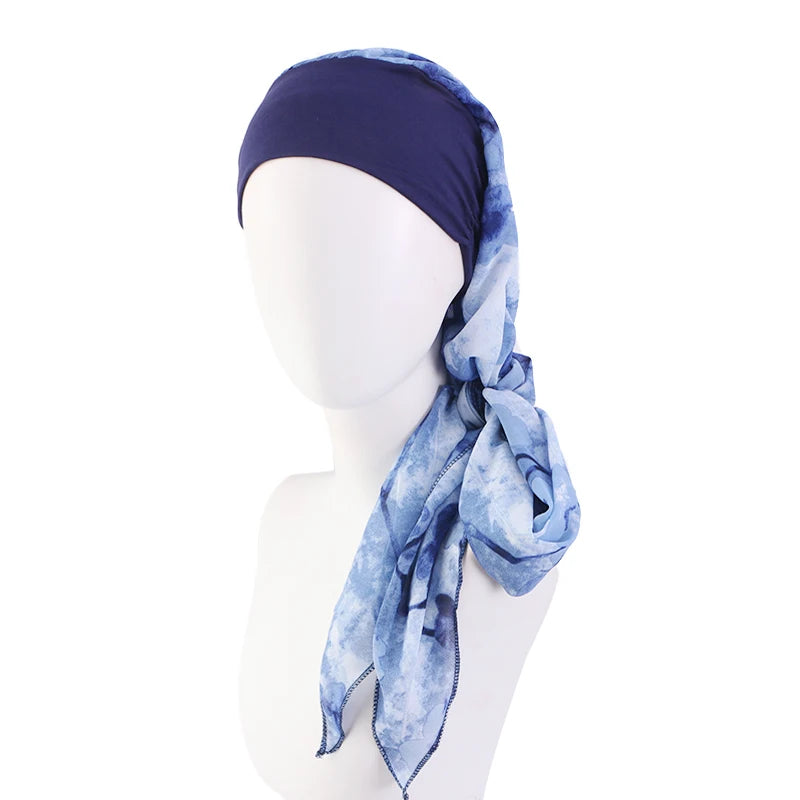 New Muslim Women Hijab Head Wrap Pre-Tied Headwear Cancer Chemo Flower Printed Elastic Turban Cover Hair Loss Head Scarf Bandana