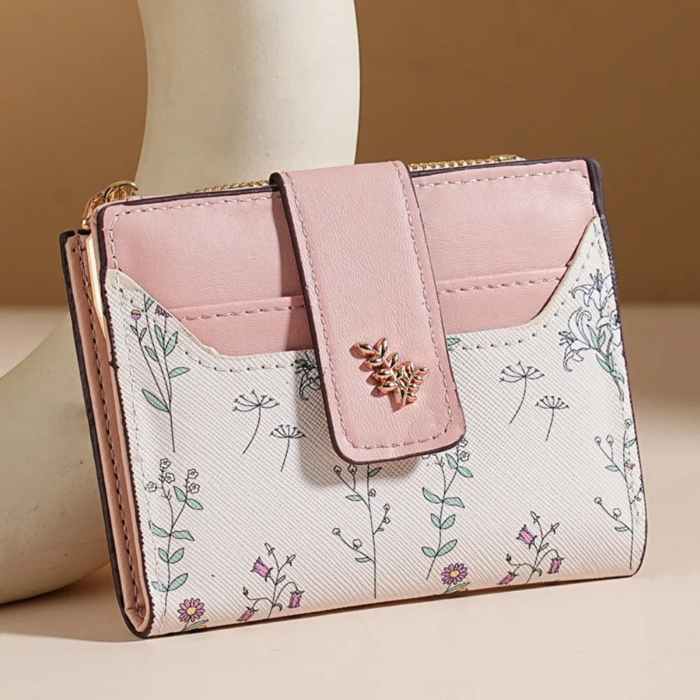 Fashion PU Leather Women Short Wallet Zipper Hasp Small Flowers Card Holder Slim Small Wallet Multi-Cards Coin Purse For Girl