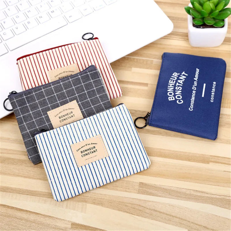 Cute Wallet Women Fabric Key Coin Purse Cartoon Square Mini Coin Pouch Letter Striped Print Zipper Canvas Bags for Girls