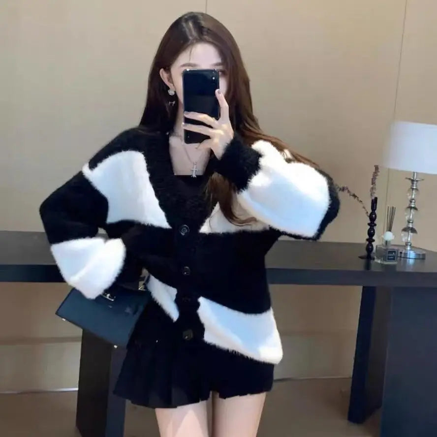 Women Mink Fur Knitted Cardigans Sweaters Autumn Winter Loose Sweet Fashion Stripe Lantern Sleeve Thicken Contrast Color Coats