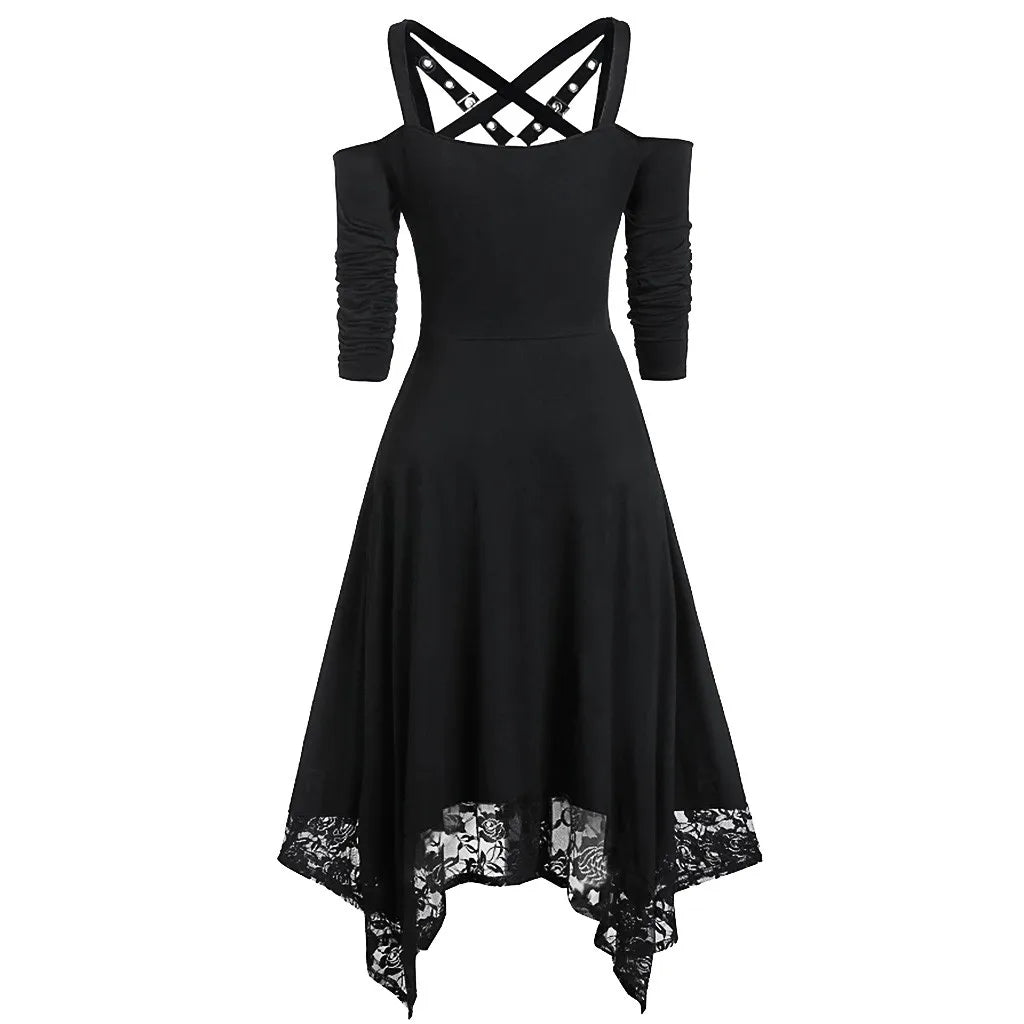 Halloween Plus Size Open Shoulder Elegant Party Dresses For Teens 2024 Lace Half Sleeve Gothic Dress Clothing Female