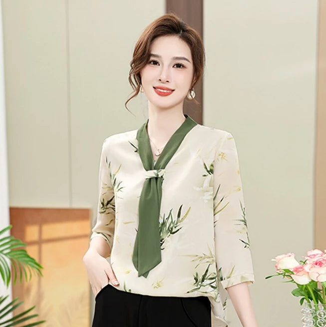 Fashion Printed Spring and Autumn shawl collar Women's Fashion Floral Checked Mid Sleeved Loose Chiffon Tops