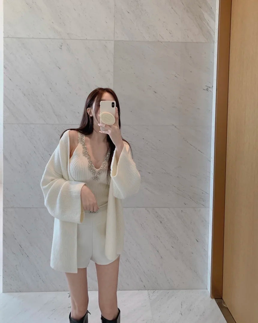 Korean Sle Sexy Sequin Strap Vest Women's Inner Knitted Cardigan Coat Autumn Two-Piece Set Faionable Top And Bot Ensemble
